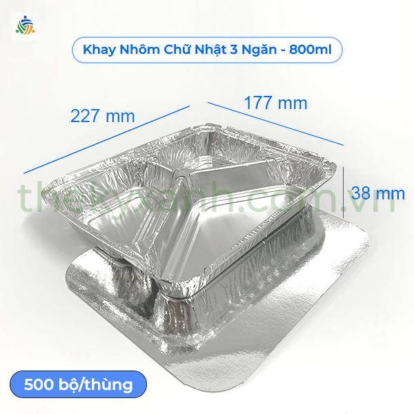 Khay Nhôm Chữ Nhật 3 Ngăn 800ml Kèm Nắp Giấy - Khay nhôm nướng, hấp các loại bánh, thịt, cá, rau củ...