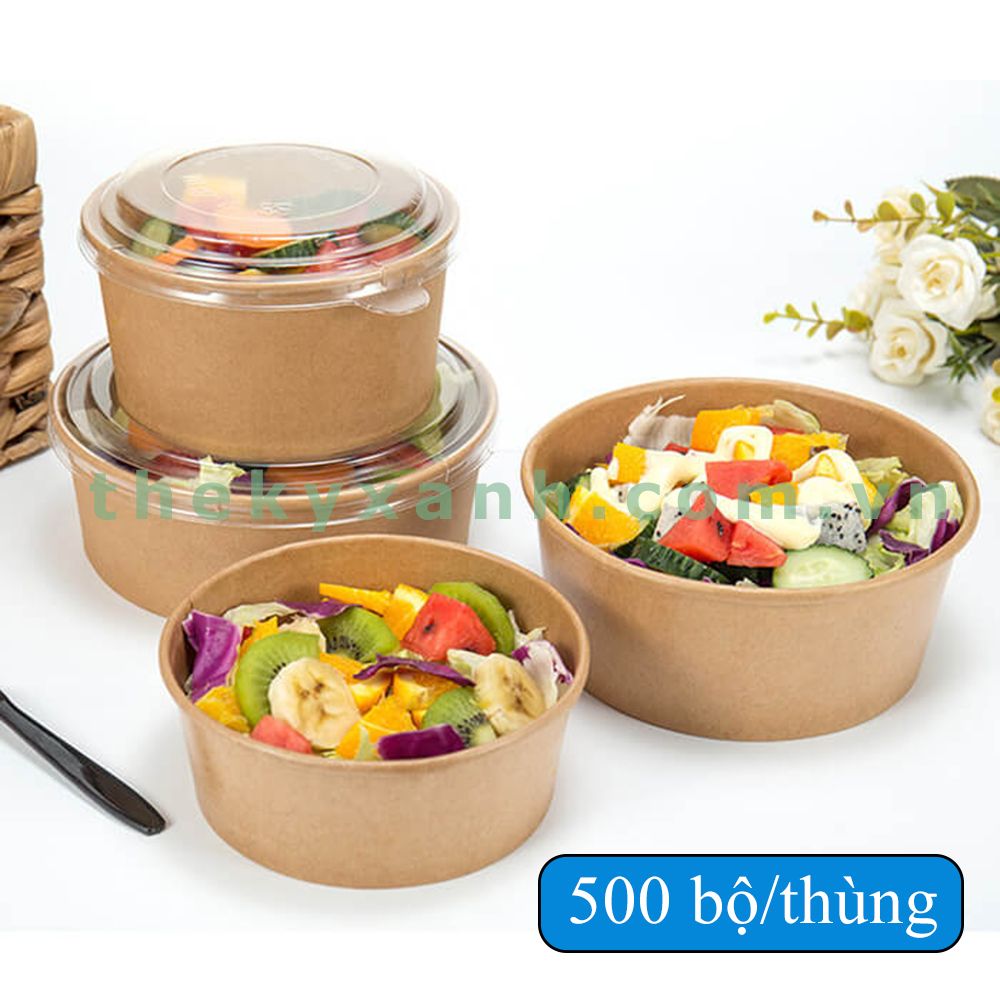 Tô giấy Kraft Salad nâu 1000ml đựng thức ăn, salad, bánh bông lan có NẮP PET (PP) chịu nhiệt