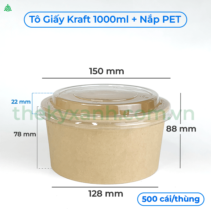 Tô giấy Kraft Salad nâu 1000ml đựng thức ăn, salad, bánh bông lan có NẮP PET (PP) chịu nhiệt