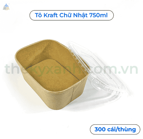 Tô giấy Kraft Chữ Nhật Nâu 750ml Kèm Nắp PP đựng thức ăn, salad, bánh bông lan