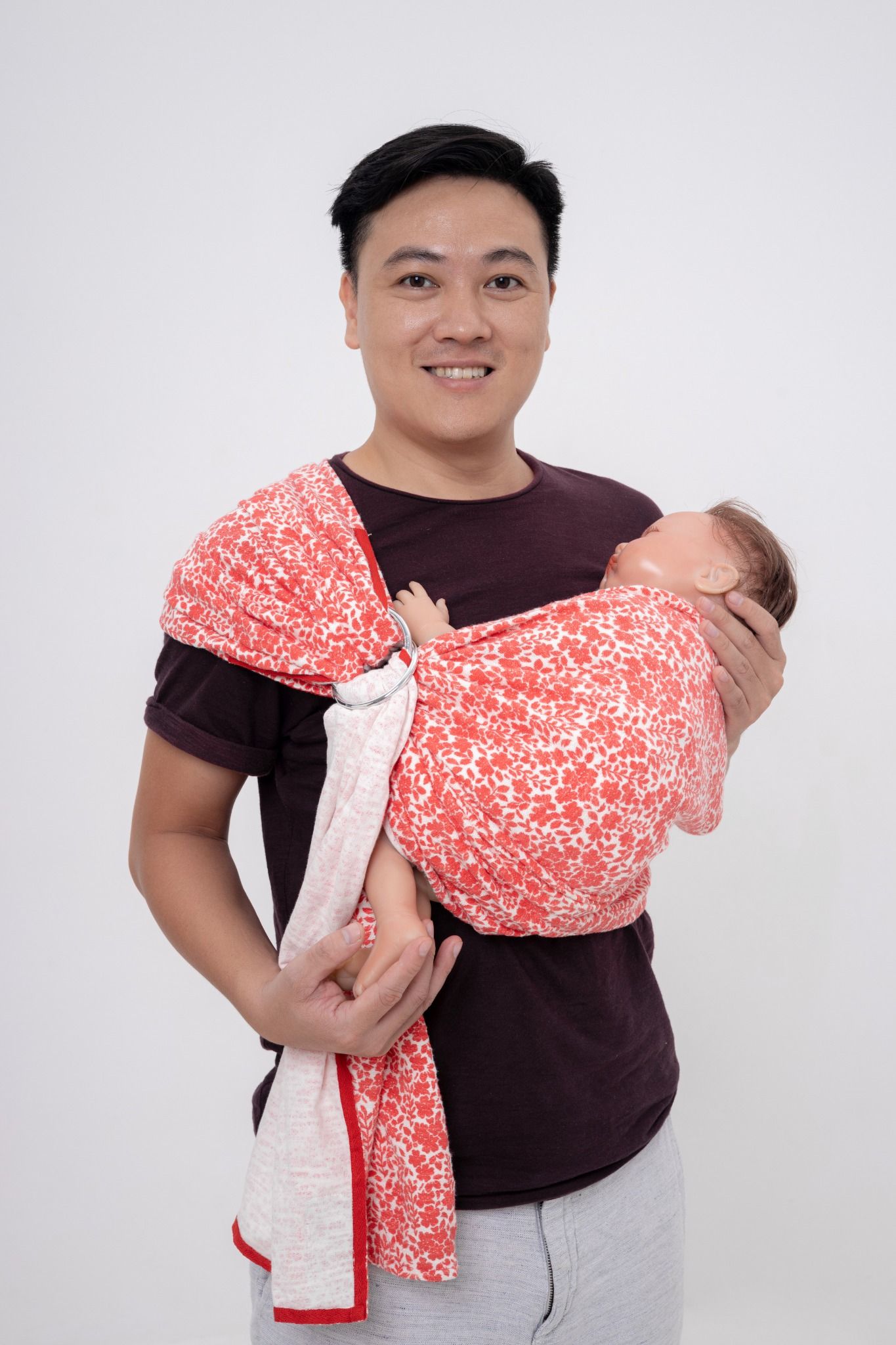  BUBI Ring Sling Gen 1 - Da cá cotton - Hoa đỏ 