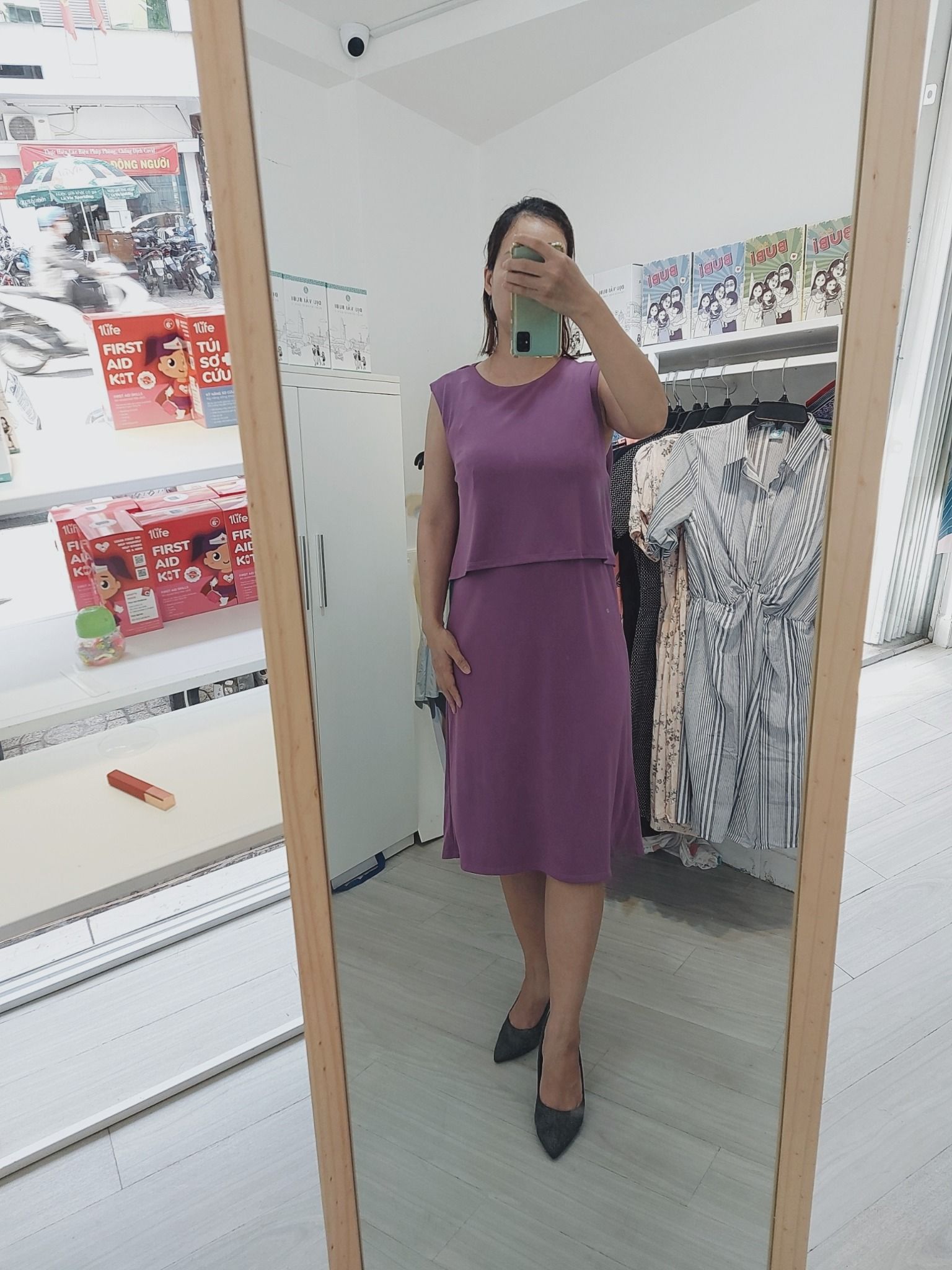 Đầm thun mẹ bầu & bé ti - Tím - cổ tròn dáng xuông