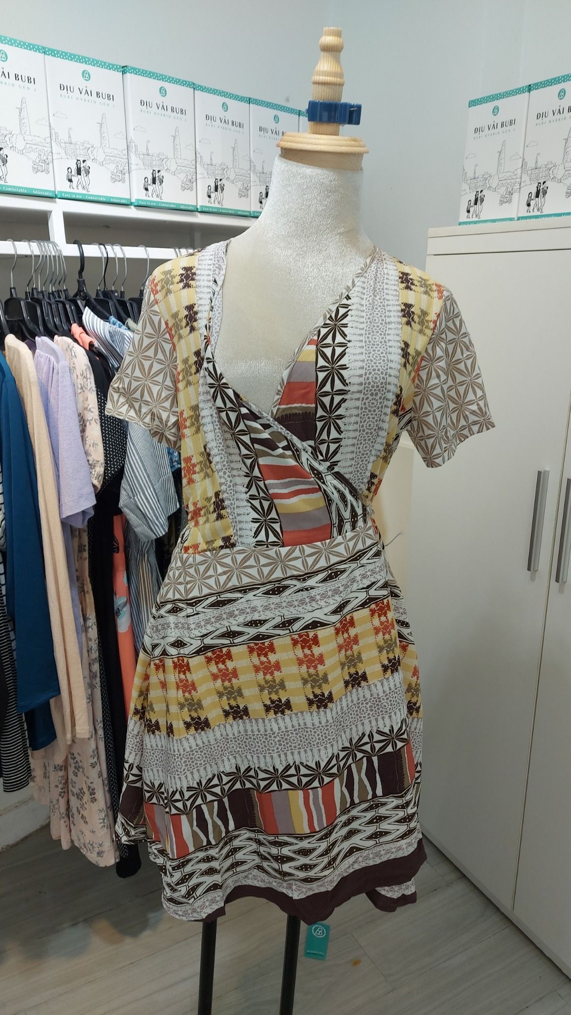 Đầm kimono bé ti - Thổ cẩm - cổ sơ mi
