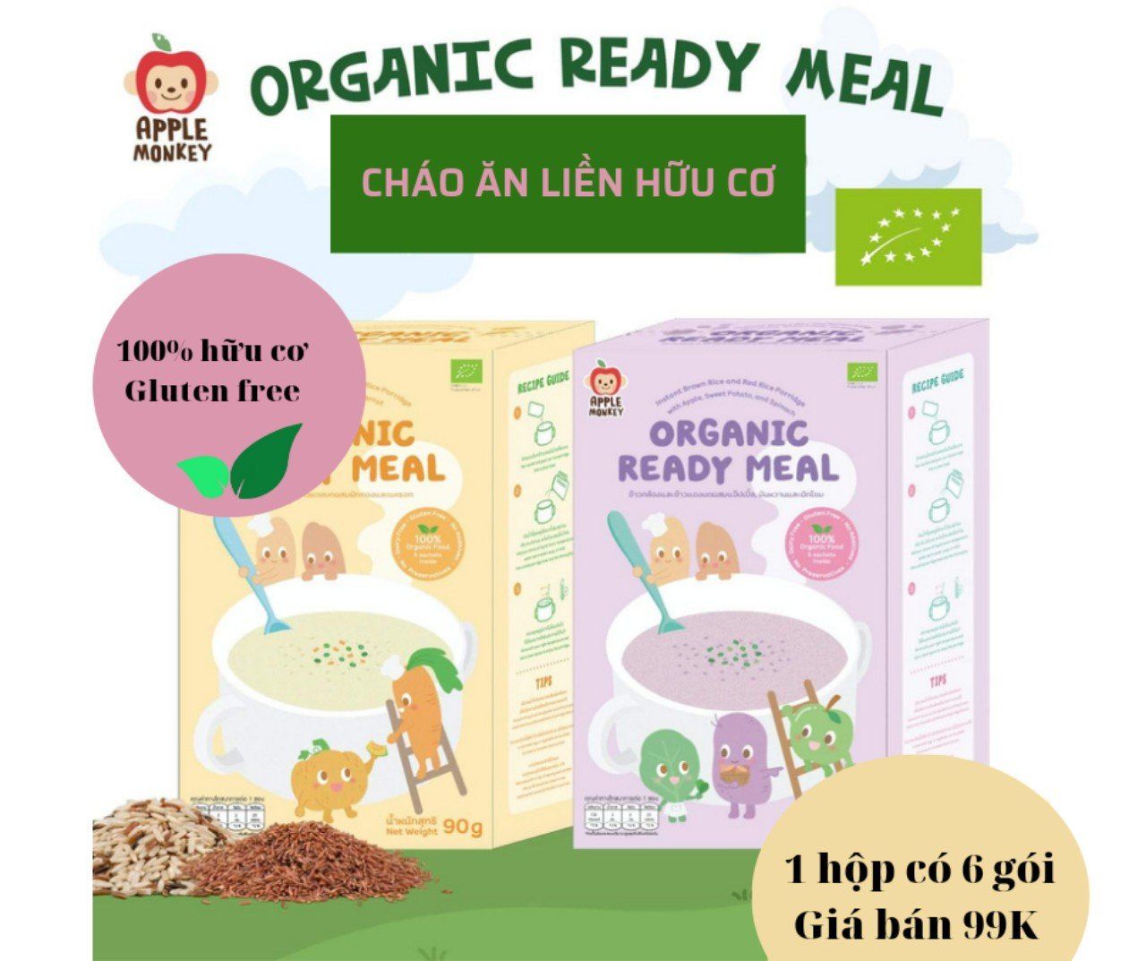 E.M Cháo ăn liền hữu cơ vị táo, khoai lang và rau bina