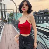  Áo 2 dây Croptop nhung đan hông - YA0005 