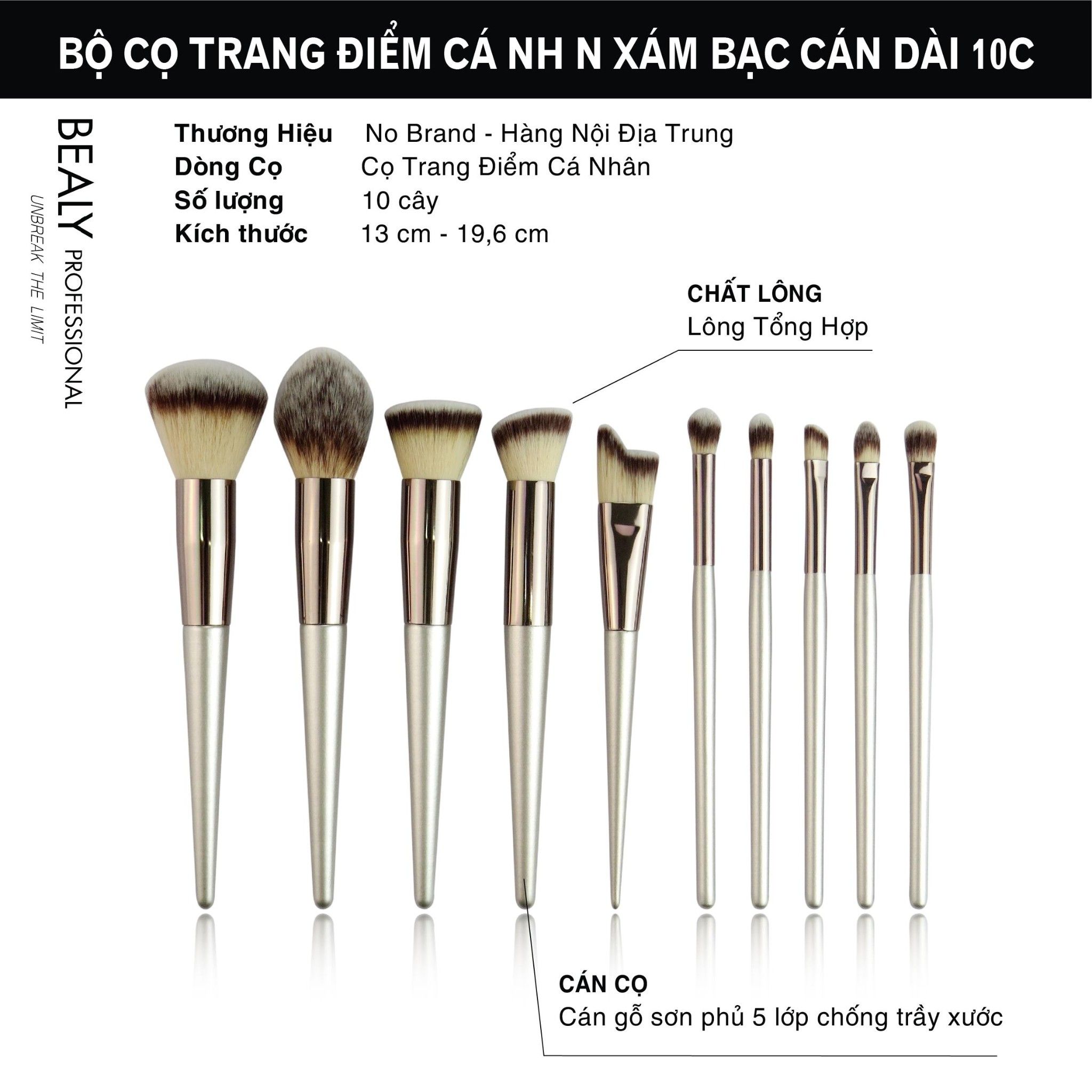 BỘ CỌ TRANG ĐIỂM CÁ NHÂN XÁM BẠC CÁN DÀI 10C