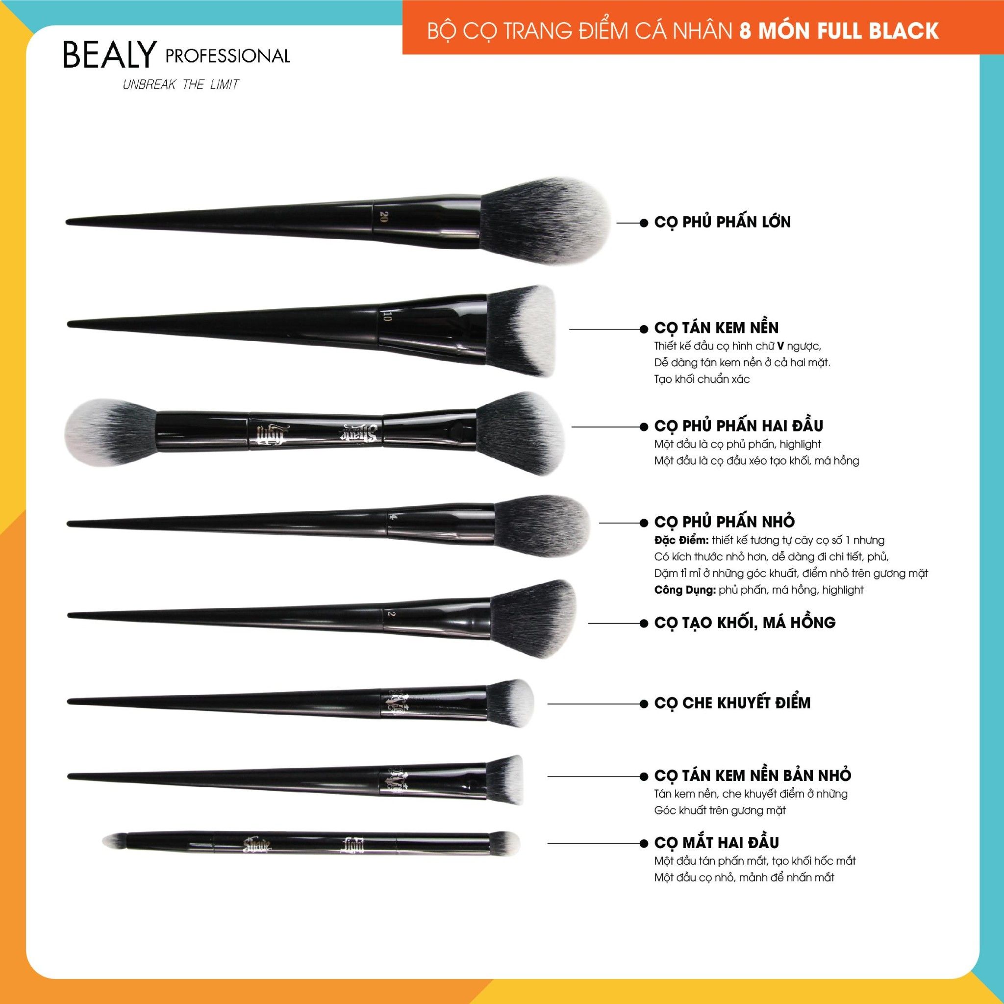 BỘ CỌ TRANG ĐIỂM CÁ NHÂN 8 MÓN FULL BLACK