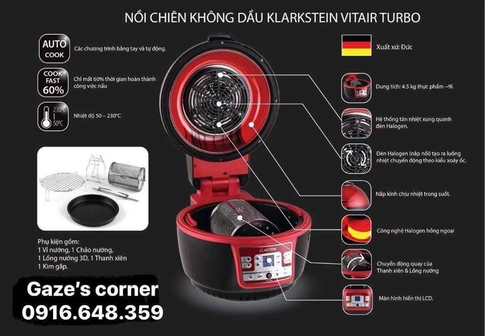 Nồi chiên không dầu Klarstein Turbo 9 lít màu đỏ