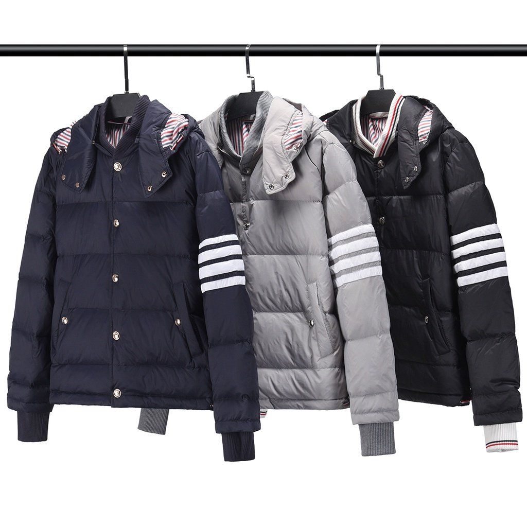 Áo khoác lông vũ nam cao cấp có nón Thom Browne 4-Bar 8892 Áo phao nam thiết kế tay áo kẻ sọc cực sang trọng