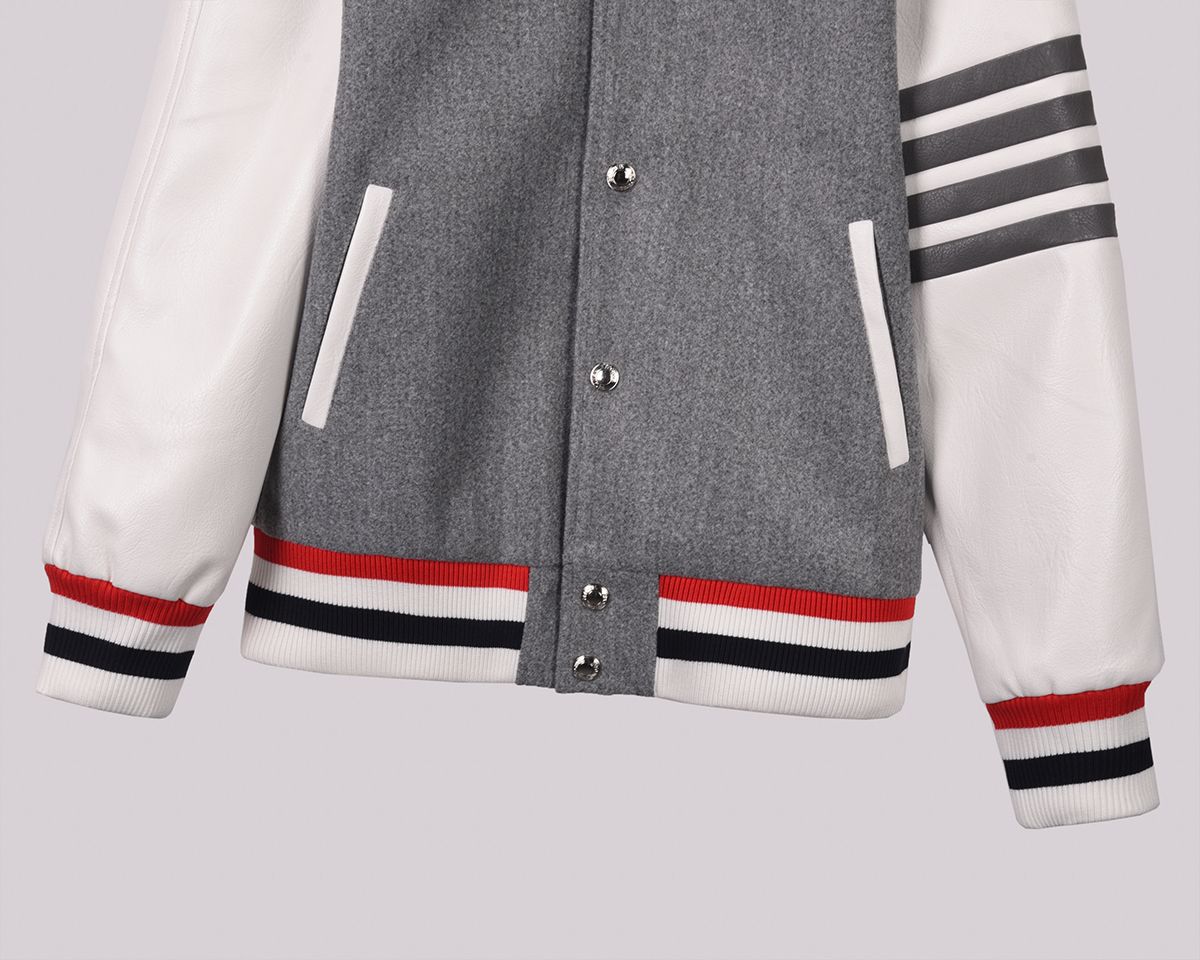 Áo khoác nam nữ Thom Browne Varsity 820 vải Suedu da lộn hàng thiết kế tay áo kẻ sọc cực sang trọng