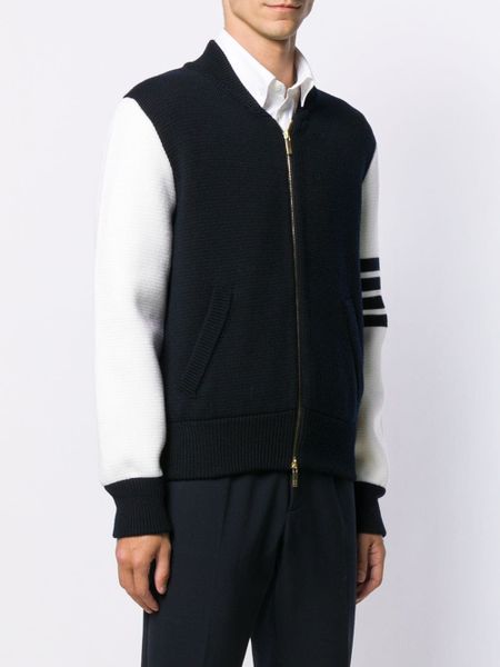  Áo khoác nam len lông cừu Thom Browne 4-Bar Varsity zip up 809 hàng thiết kế tay áo kẻ sọc cực sang trọng 