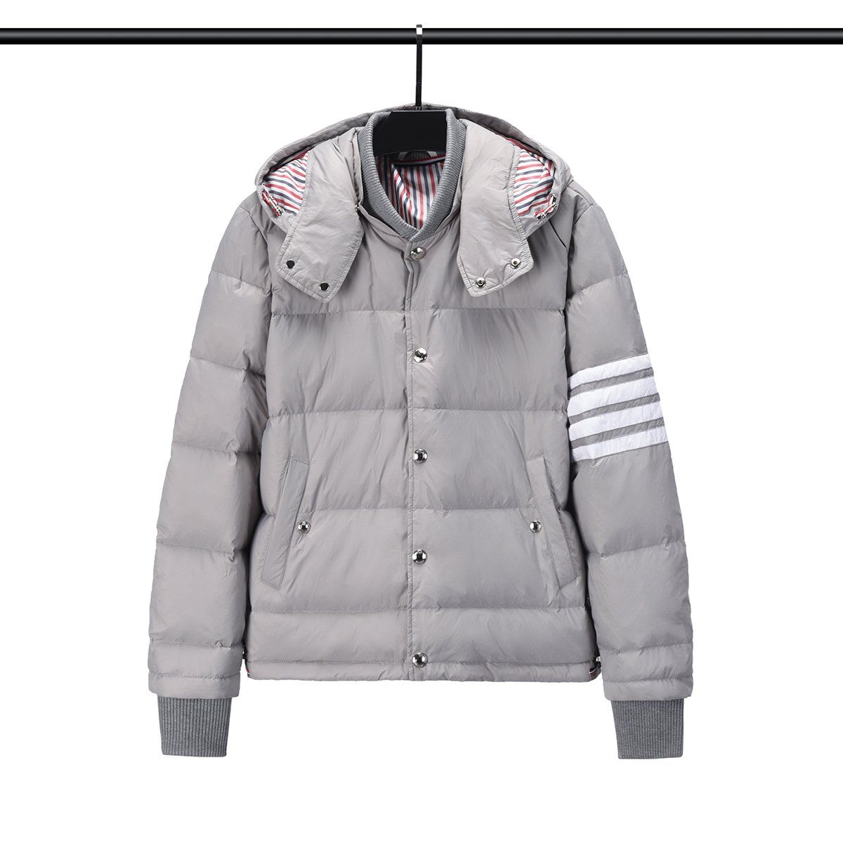 Áo khoác lông vũ nam cao cấp có nón Thom Browne 4-Bar 8892 Áo phao nam thiết kế tay áo kẻ sọc cực sang trọng