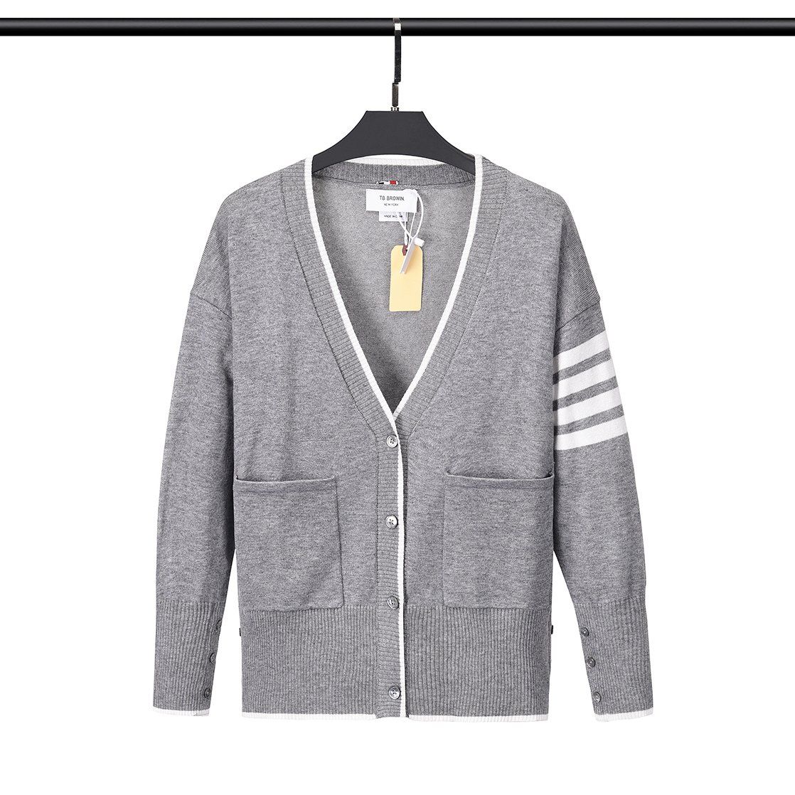 Áo khoác cổ tim Cardigan nam nữ dệt kim Thom Browne 4-Bar 8861 chất vải nỉ len cao cấp thiết kế tay áo kẻ sọc cực sang