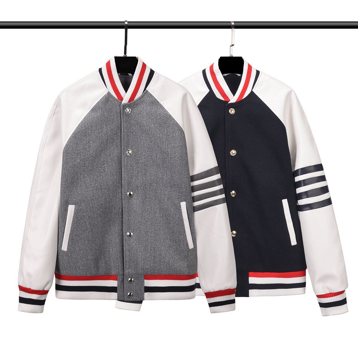 Áo khoác nam nữ Thom Browne Varsity 820 vải Suedu da lộn hàng thiết kế tay áo kẻ sọc cực sang trọng