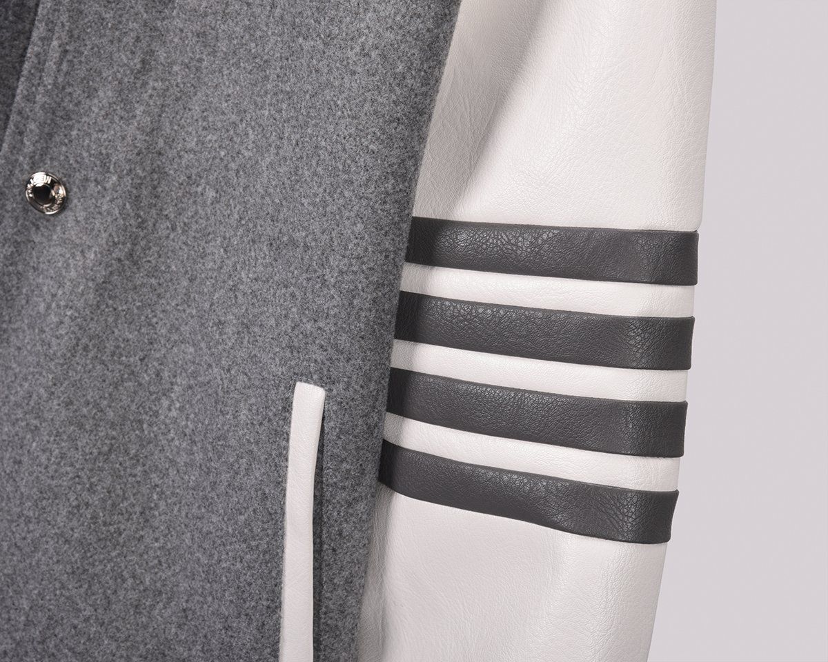 Áo khoác nam nữ Thom Browne Varsity 820 vải Suedu da lộn hàng thiết kế tay áo kẻ sọc cực sang trọng