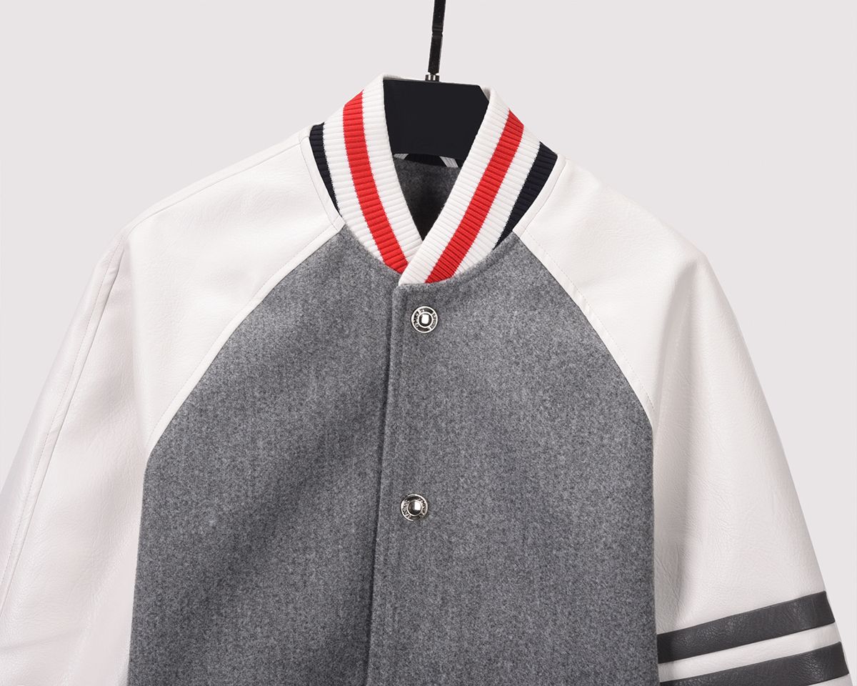 Áo khoác nam nữ Thom Browne Varsity 820 vải Suedu da lộn hàng thiết kế tay áo kẻ sọc cực sang trọng