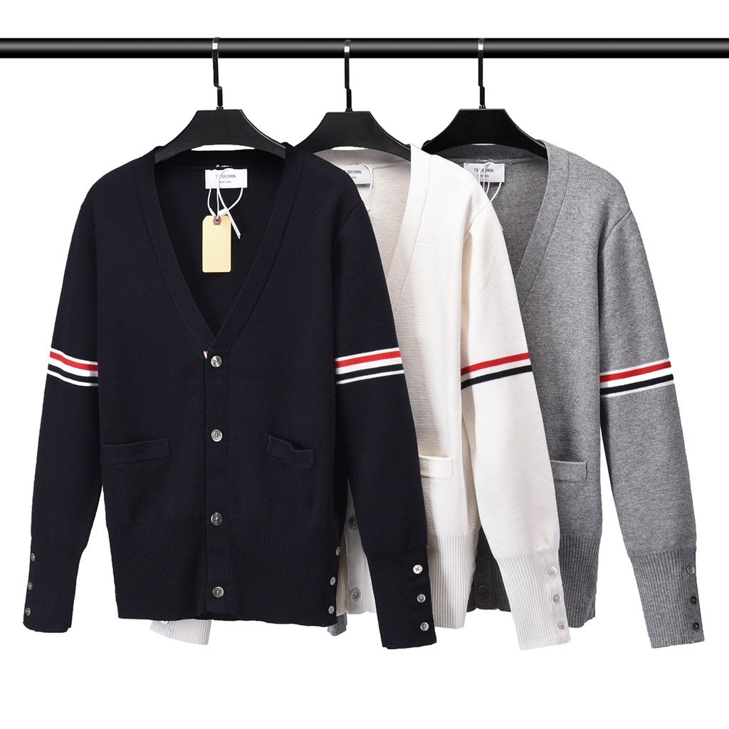  Áo khoác Cardigan nam nữ dệt kim Thom Browne 8835 chất vải len da thiết kế tay áo kẻ vạch cổ áo tim cực sang trọng 