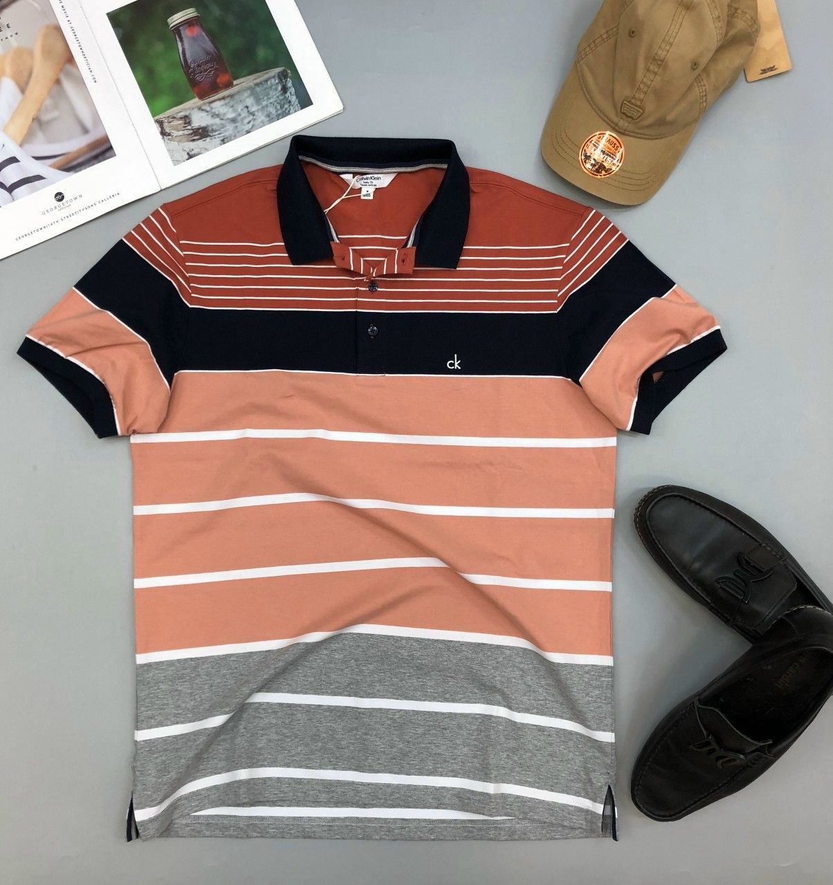 Áo thun nam có cổ Calvin Klein sọc caro