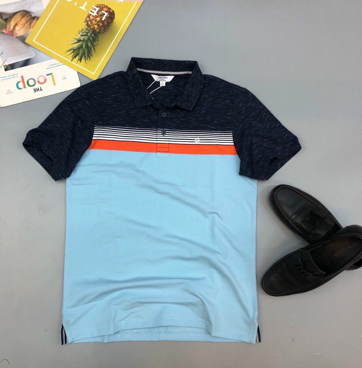 Áo thun nam có cổ Calvin Klein sọc caro