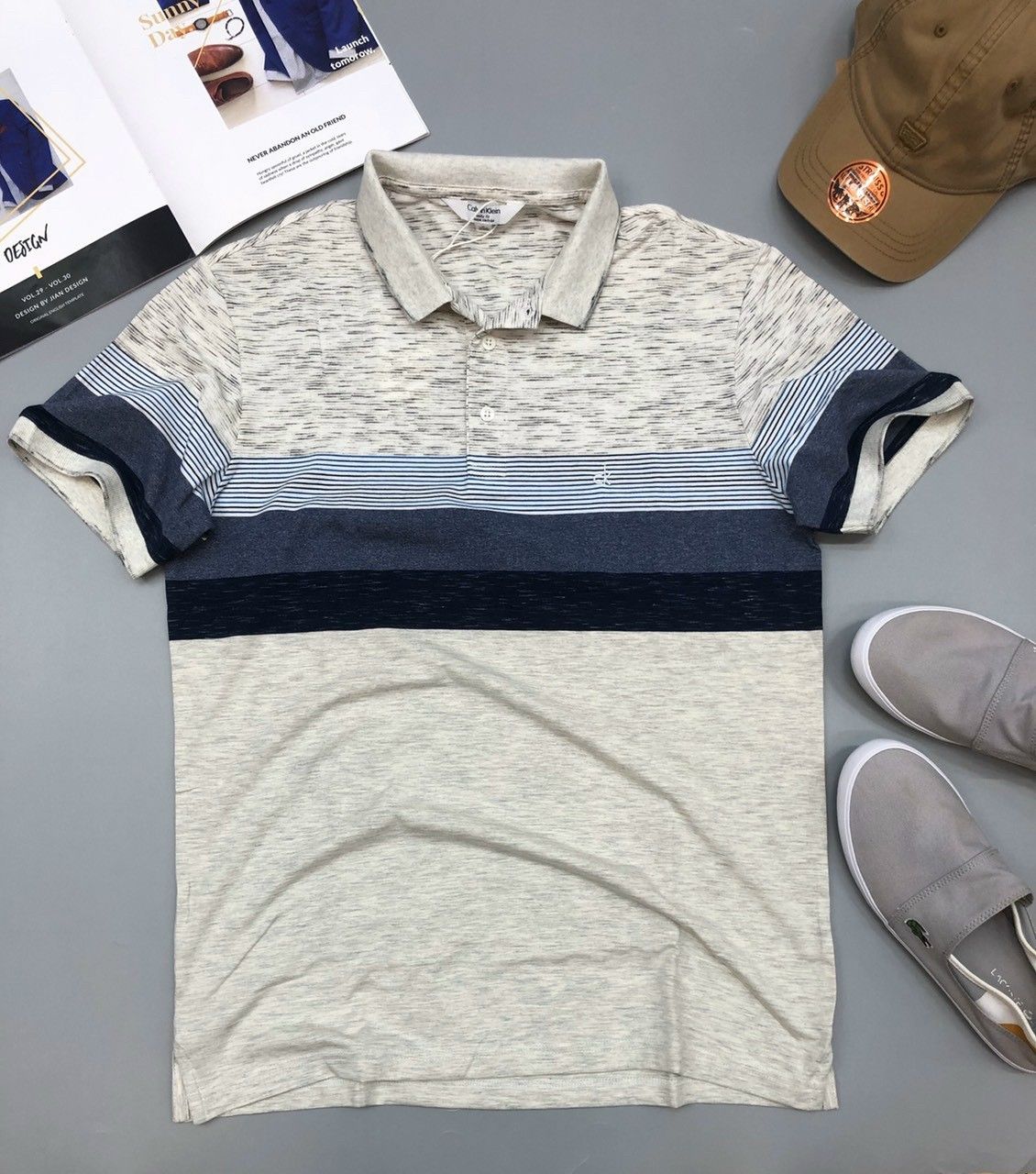Áo thun nam có cổ Calvin Klein sọc caro