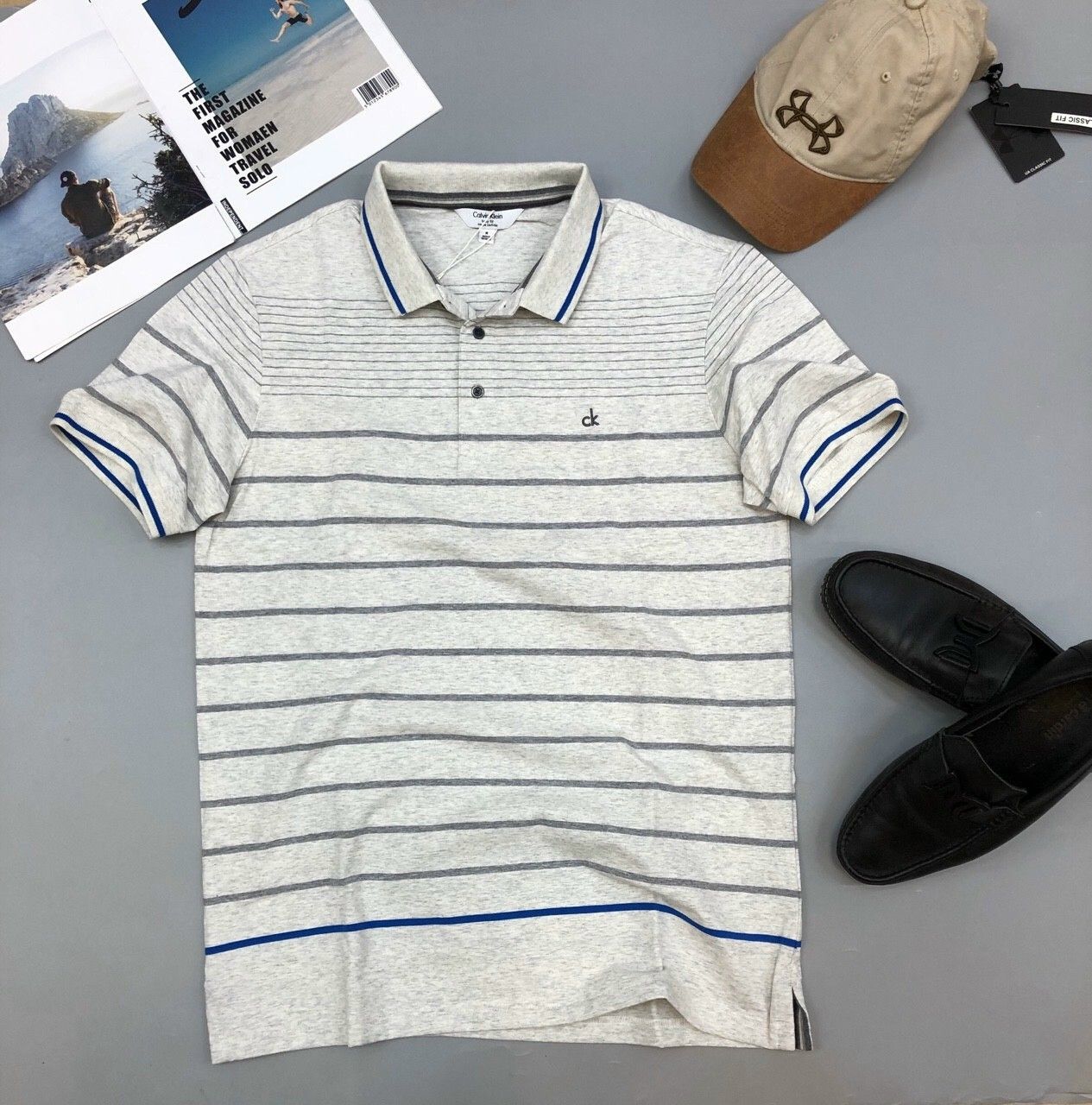 Áo thun nam có cổ Calvin Klein sọc caro