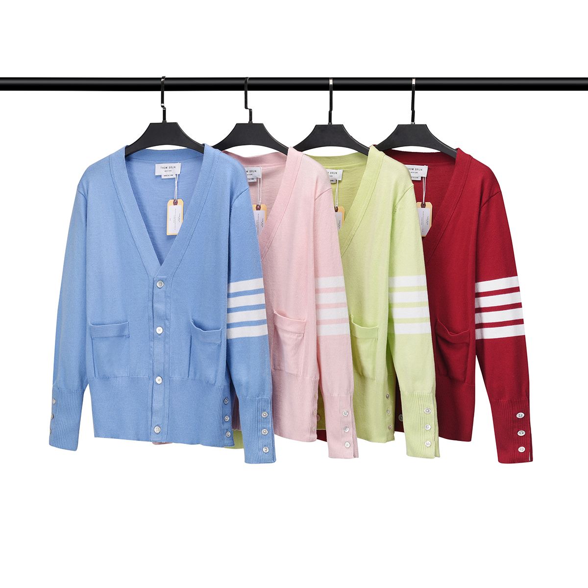  Áo Cardigan nam nữ dệt kim tay dài cổ tim Thom Browne 4-Bar 8819 Áo khoác chất liệu len bông thiết kế tay áo kẻ sọc 