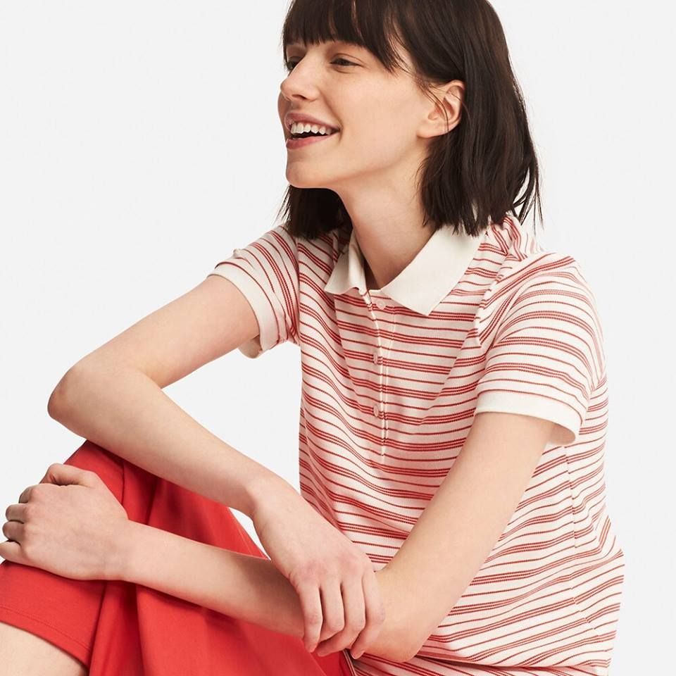 ÁO POLO NỮ UNIQLO 2018 MÀU ĐỎ SỌC TRẮNG