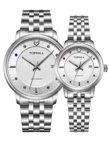 TOPHILL TA032G.S1238 + TA032L.S1238 Nam+Nữ, dây và vỏ Thép 316L, máy Automatic, kính Sapphire, chịu nước 5ATM