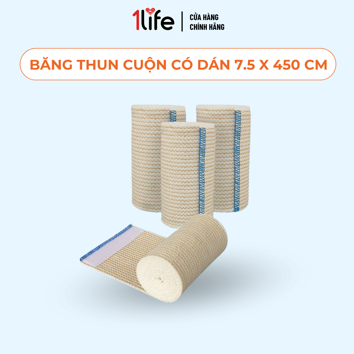 Băng thun cuộn có dán 7.5x450cm dùng để băng ép cầm máu, bong gân, kết hợp cố định nẹp sơ cứu