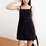 Đầm mini cổ vuông vải tweed - Đen - D0551