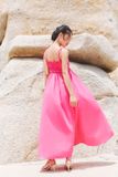 Đầm maxi 2 dây nhún ngực - Hồng - D0596