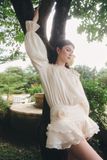 Đầm ngắn tùng xòe lệch vai - Be - D0683