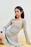 Đầm thun tay dài phối vải - Xám - D0688