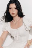 Đầm tay phồng phối vải - Trắng - D0700