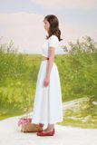 Chân váy dài rút nhún phối đăng ten - Trắng - S0202