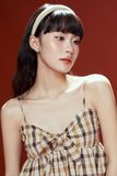 Áo hai dây kẻ ô cột nơ - Nâu - T1032