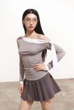 Áo lệch vai phối bản đô - Xám - T1069