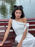 Đầm midi lệch vai phối vải poplin - D0679