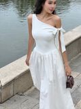 Đầm midi lệch vai phối vải poplin - D0679