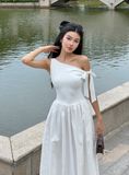 Đầm midi lệch vai phối vải poplin - D0679