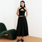 Chân váy midi dập ly - Đen - S0197