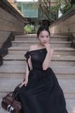 Đầm midi lệch vai phối vải poplin - D0679