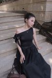 Đầm midi lệch vai phối vải poplin - D0679