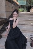 Đầm midi lệch vai phối vải poplin - D0679
