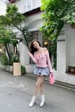 Áo thun dài tay nhún ngực - Hồng - T1049