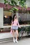 Áo thun dài tay nhún ngực - Hồng - T1049