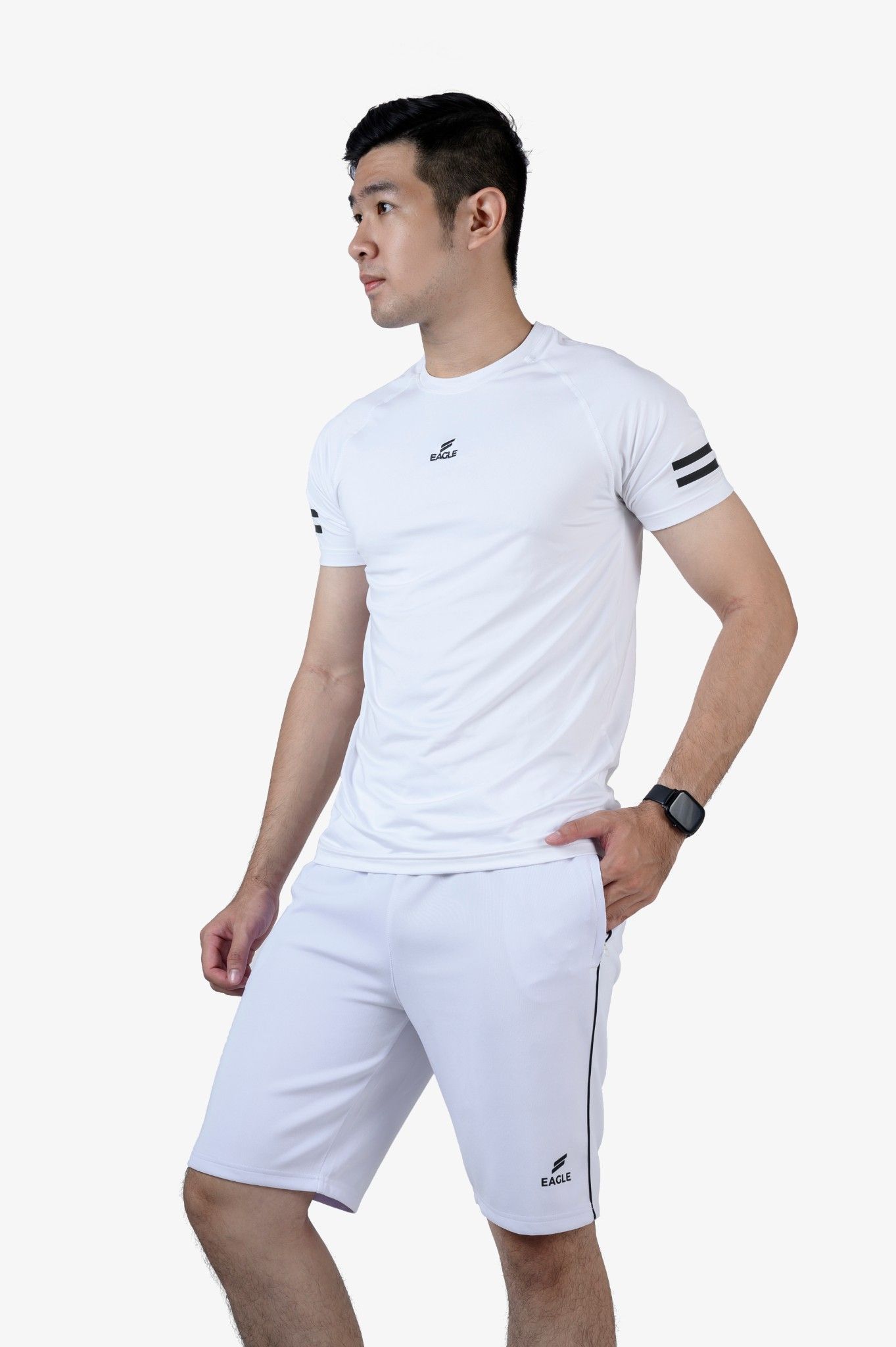 Áo nam Eagle sọc tay logo thêu - Trắng