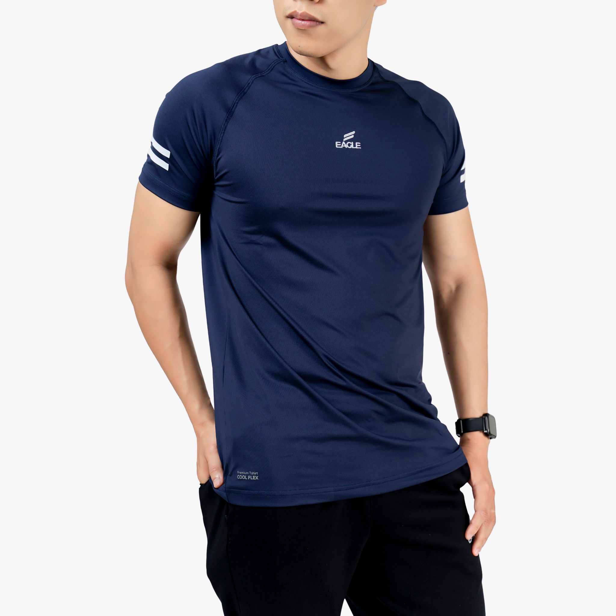 Áo nam Eagle sọc tay logo thêu - Xanh Đen
