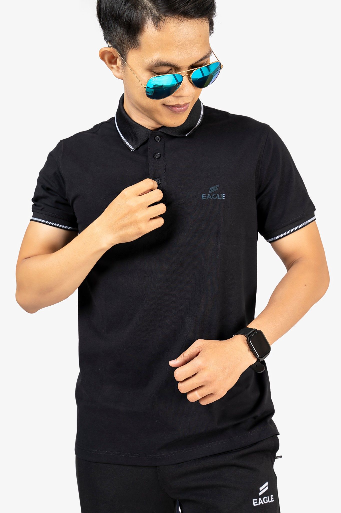 Áo polo nam Eagle logo nổi 7 màu - Đen