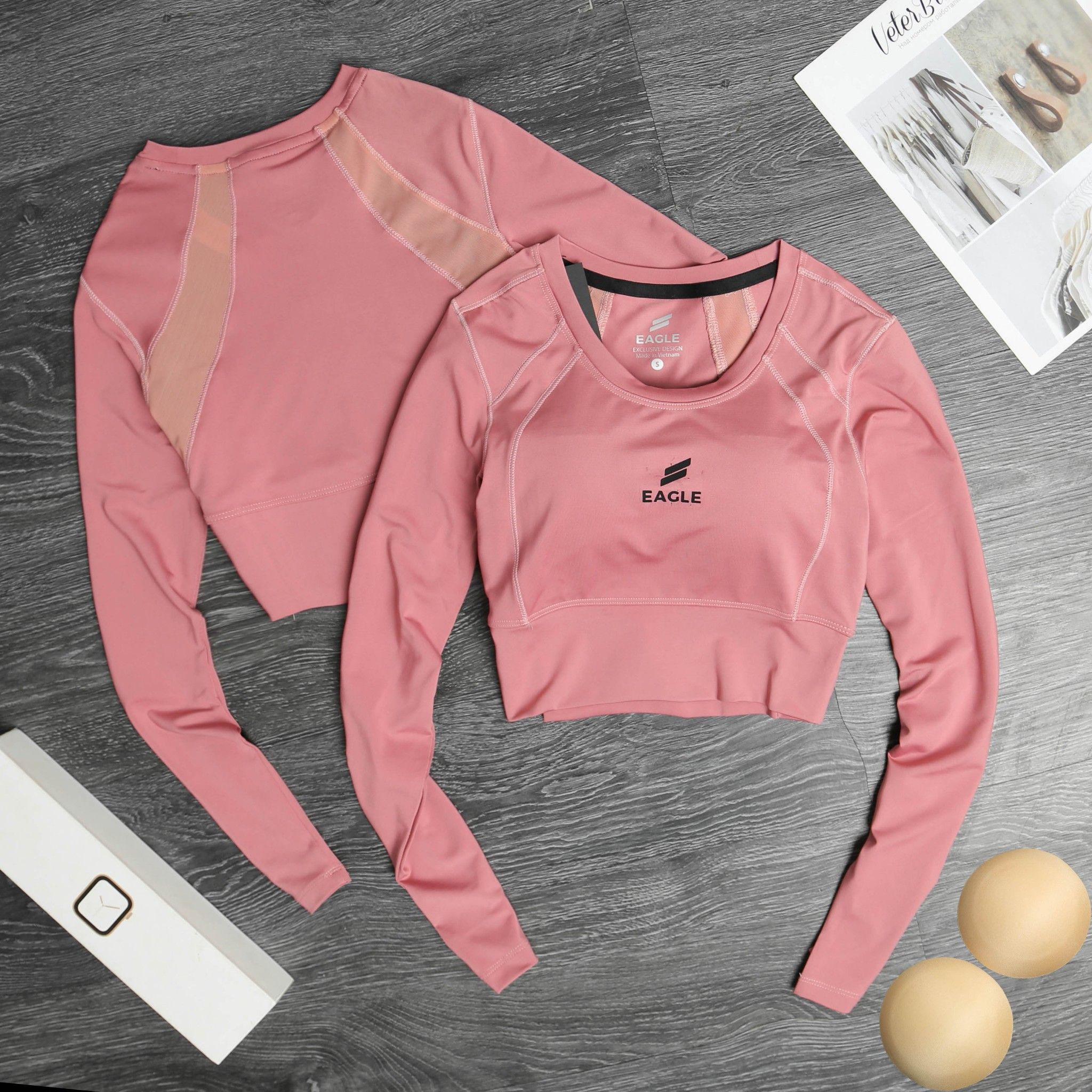 Áo crop top Eagle tay dài phối lưới lưng - Hồng